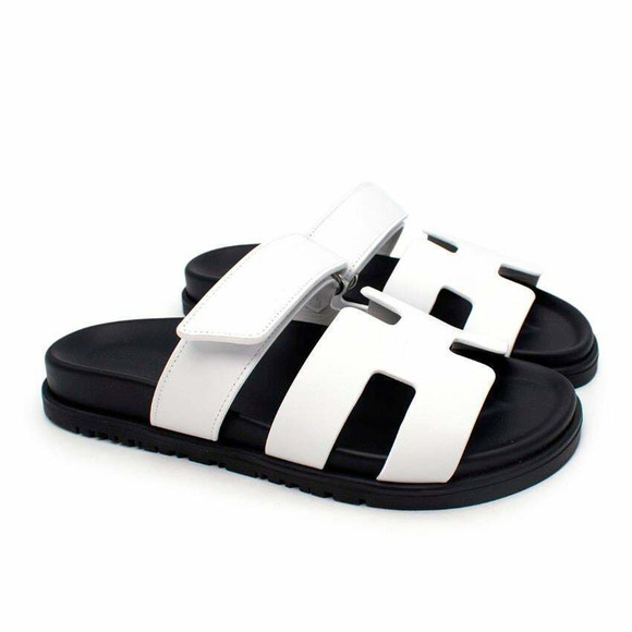 Hermes Chypre Sandal Black White Calfskin Leather H Logo Slide Slip On Flat 41.5 - Picture 5 of 11